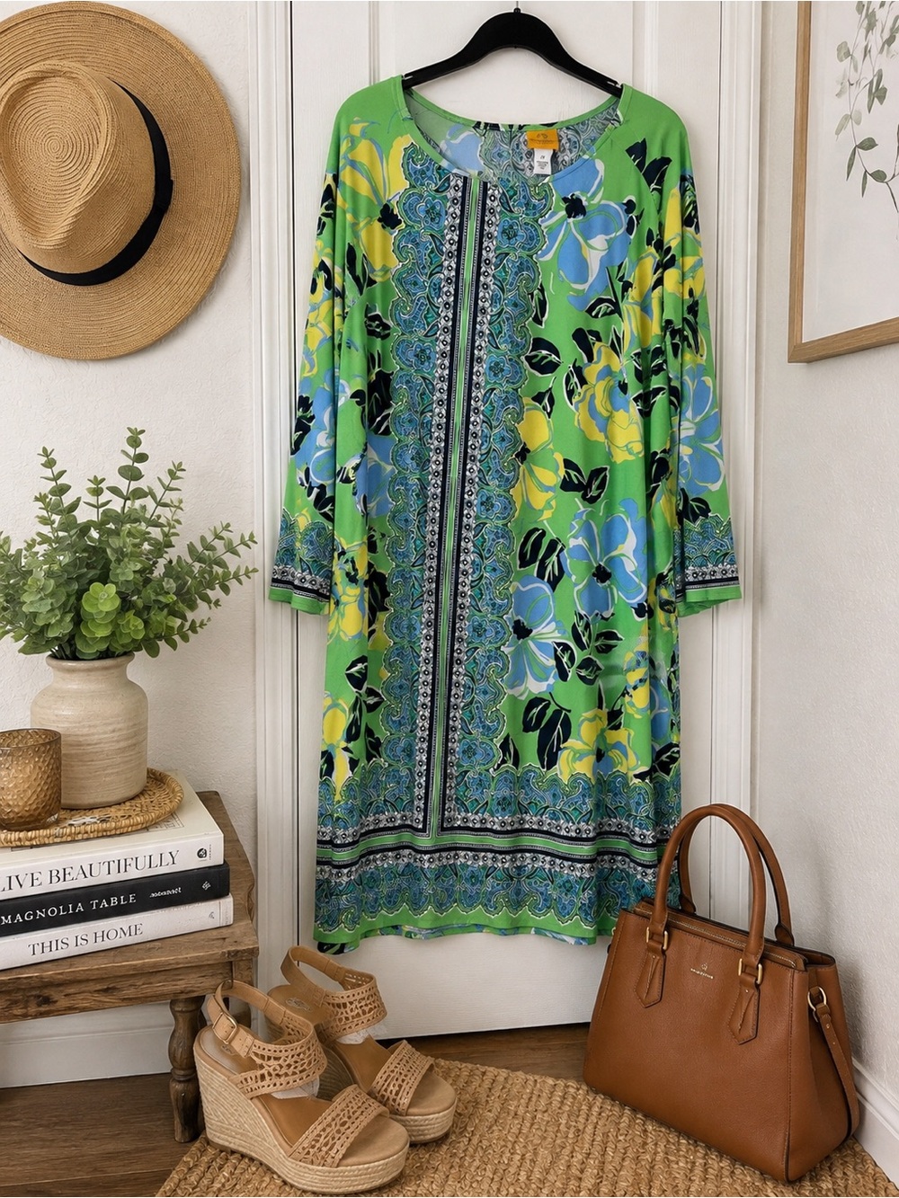Ruby Rd. Lime Green Floral Midi Shift Dress with Blue & Yellow Accents